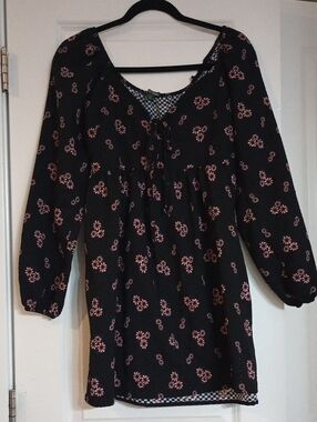 Wild Fable Babydoll Black Floral Tie-Neck Long Sleeve Midi Dress Size S